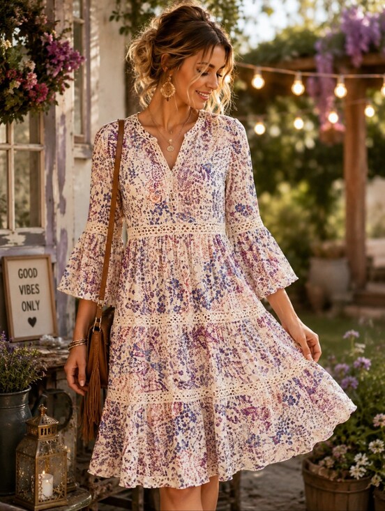Knox Rose Dresses & Skirts - Knox Rose Floral Tiered Dress Bell Sleeve Cottagecore Boho